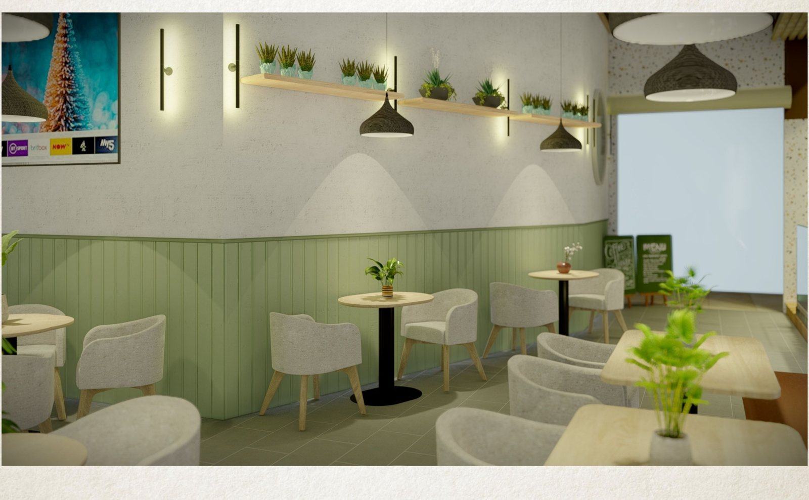Concept render of a Cha Cha Chai café interior with light green wall panelling, round tables and upholstered chairs