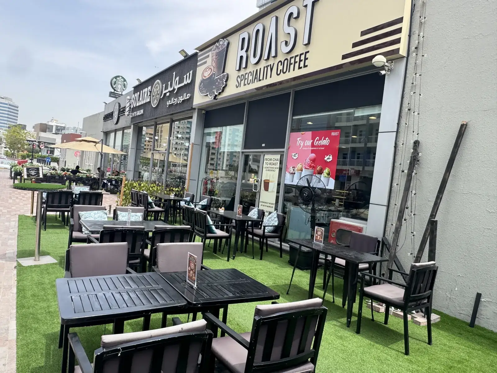 ROAST café at Dubai Silicon Oasis: terrace seating outside the shopfront