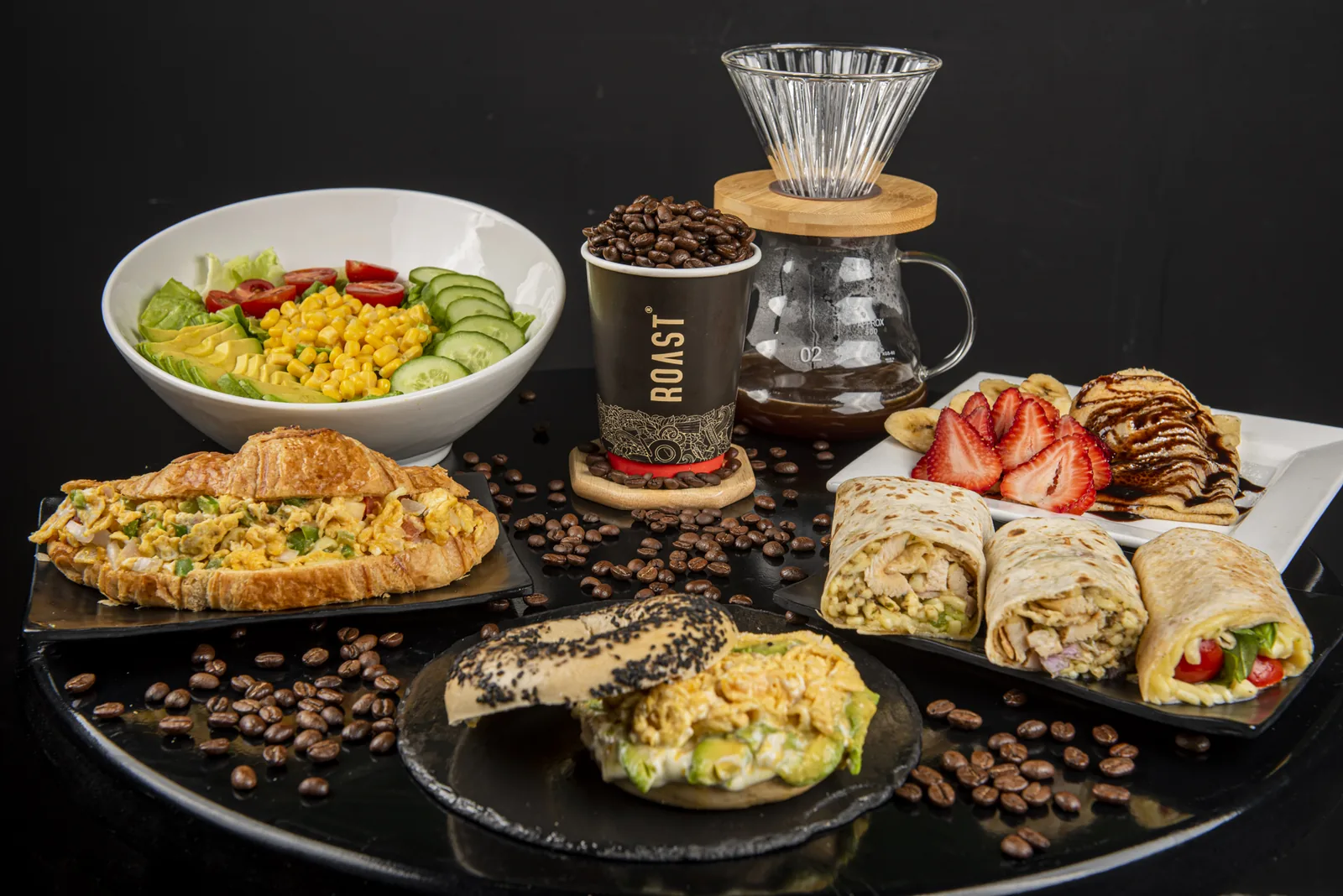 A spread of breakfast and coffee prepared for a corporate order
