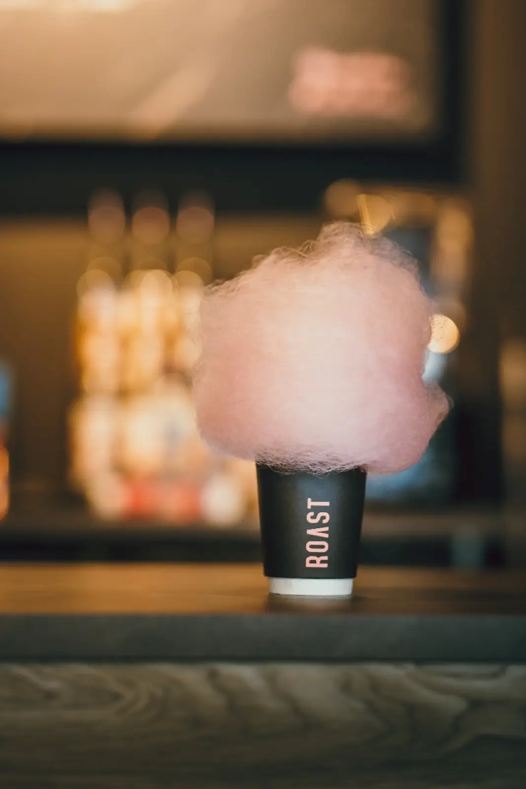 ROAST cup topped with pink cotton candy